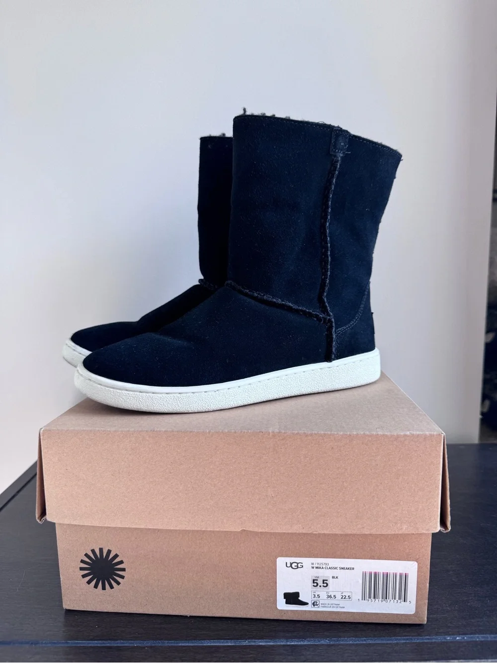 UGG Black Suede Mid-Calf Boots with White Soles
